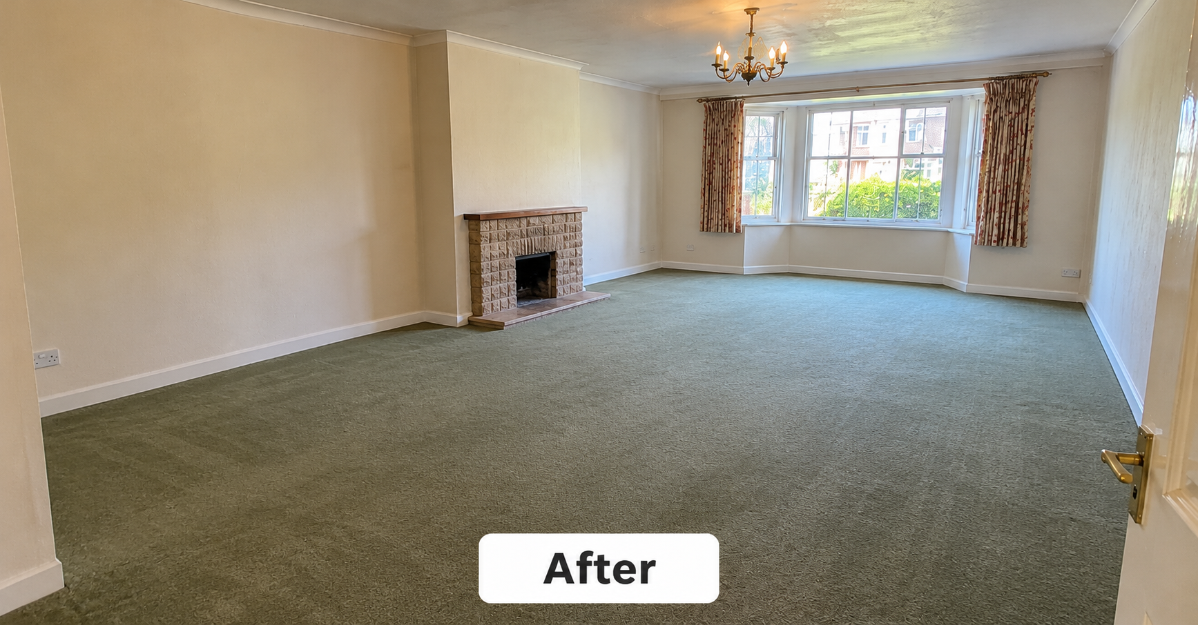 The same reception room emptied and cleaned, with the fireplace and window left clear