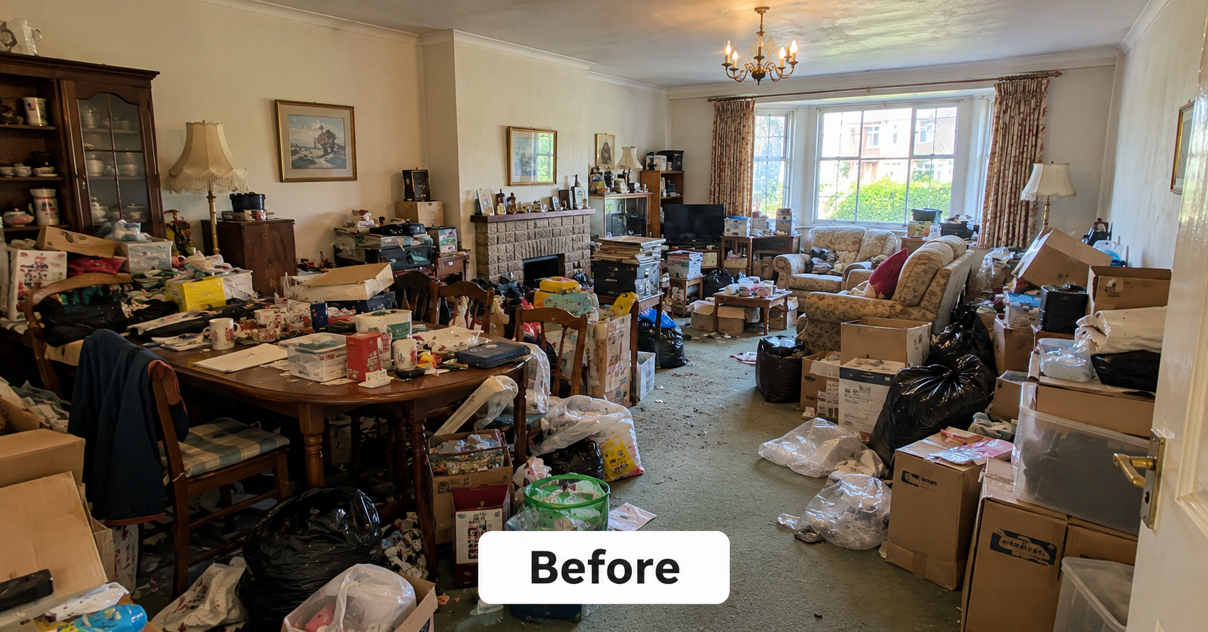 A reception room packed with boxes, bags and stored items before our clearance team arrived