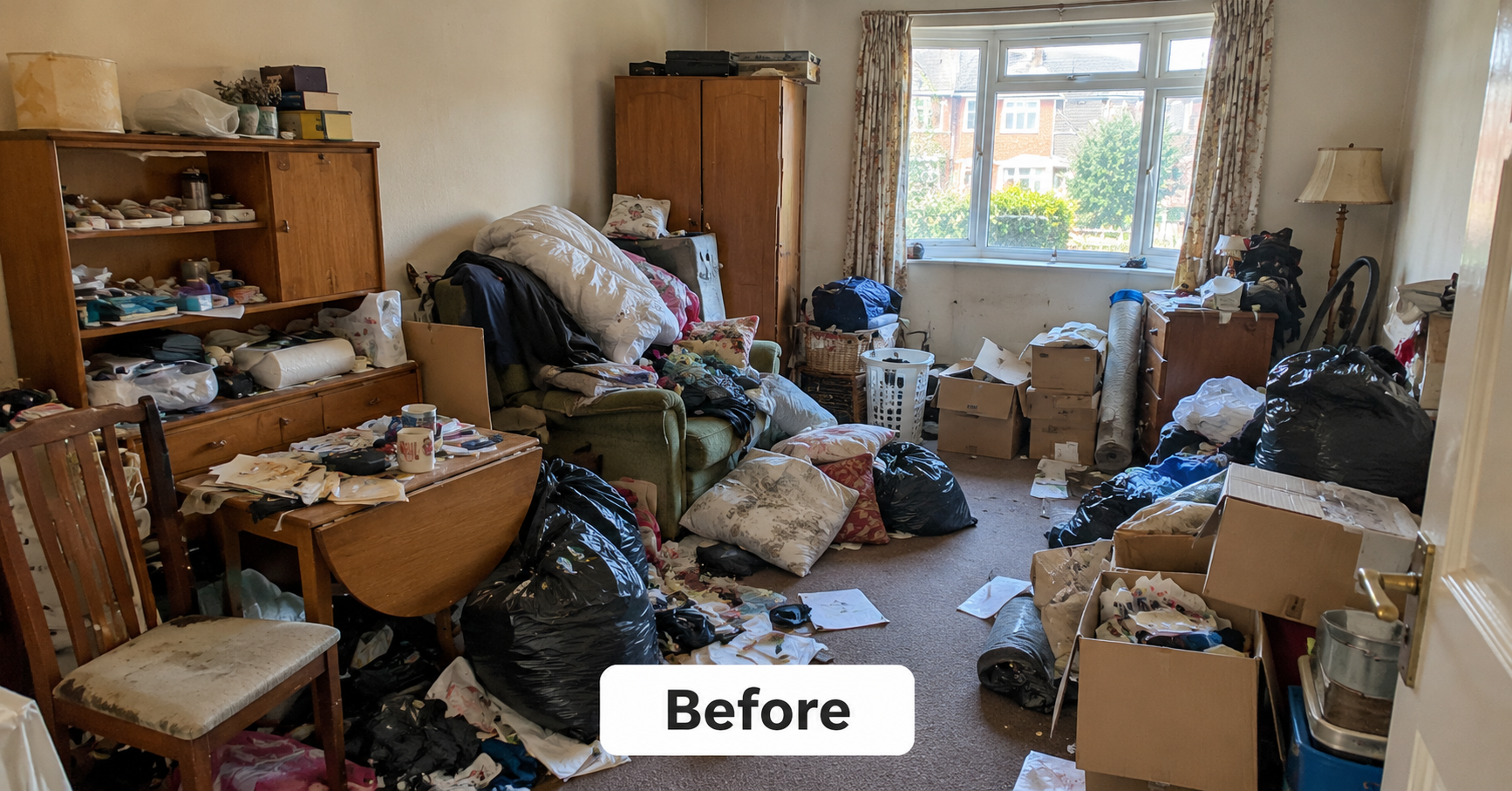 A living room filled with boxes, bags and belongings before our clearance team arrived